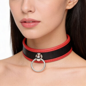 Red and black choker with metal ring