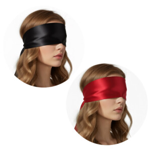 Two women wearing black and red satin blindfolds.