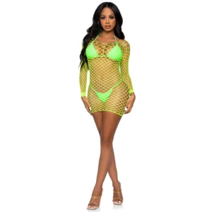 Neon Yellow Fishnet Mini Dress with Long Sleeves - OS