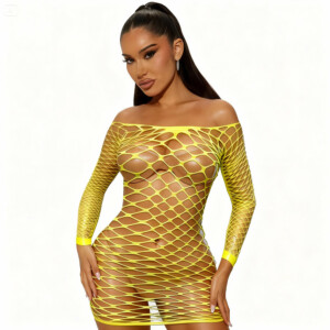 Person wearing a yellow mesh dress.