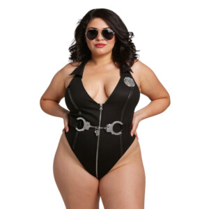 Black police costume with handcuff belt and sunglasses.