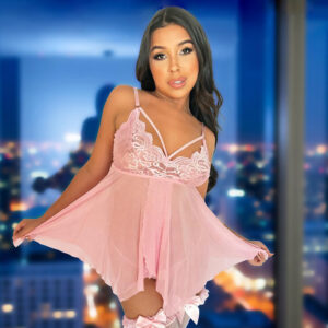 Pink Flowy Babydoll & Thong Set - Strappy Lace Cups with Asymmetric Hem Lingerie for Women - XL