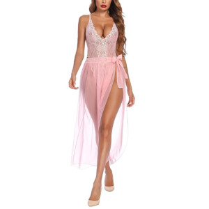Pink Lace Bodysuit with See Through Mesh Long Skirt - OS