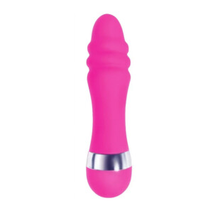 Pink silicone vibrator with a silver accent.