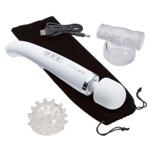 Rechargeable massager with attachments and USB cable.