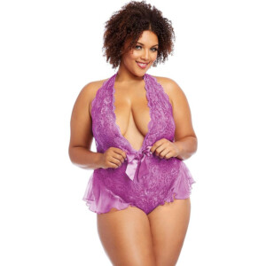 Lilac Lace Crotchless Plunge Neck Lace Teddy - Queen Size