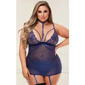 Sexy Lace & Mesh Mini Dress with Garter Straps - Navy Blue - Queen Size