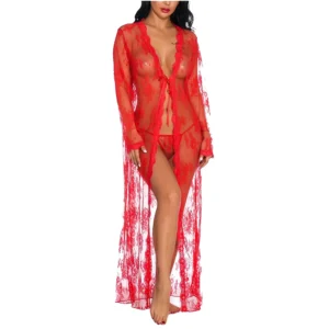 Sultry Floor Length Long Sleeve Floral Lace Robe with G-String - Red - OS