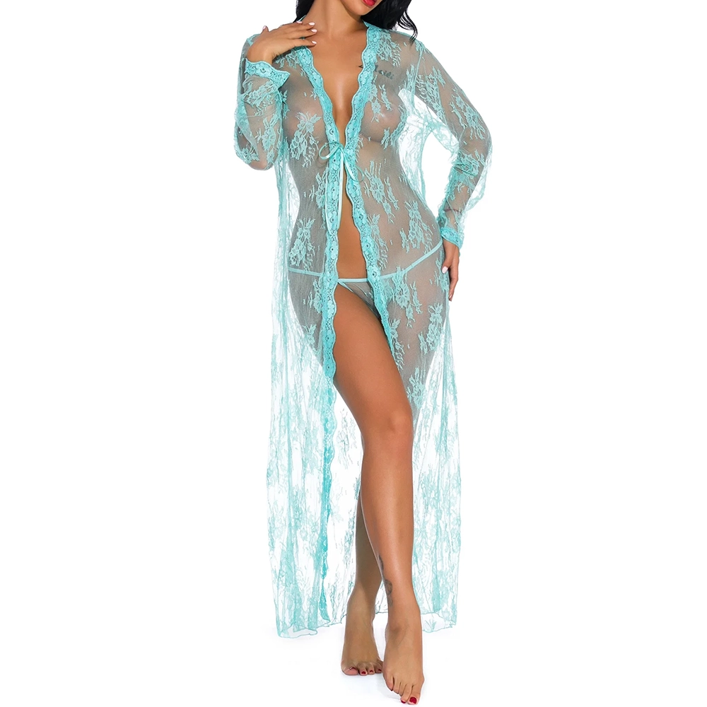 Sultry Floor Length Long Sleeve Floral Lace Robe with G-String - Turquoise Blue - OS