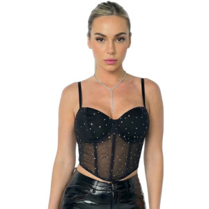 Woman in black mesh corset with spiked necklace.