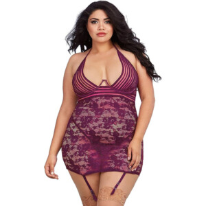 Stretch Lace Garter Dress with Sultry Floral Pattern - Eggplant Purple - Queen Size