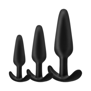 Three black silicone butt plugs in different sizes