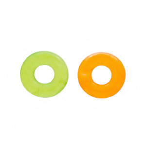 Green and orange plastic rings on white background