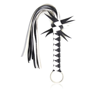 Elite BDSM Jester Mini Flogger - Black & White Tassels with Diamond Weave Handle