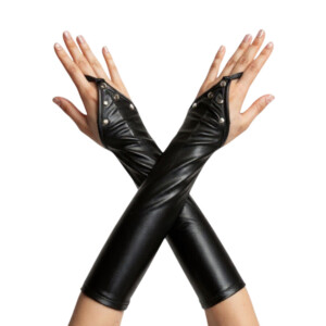 Leather arm warmers with snap buttons displayed.