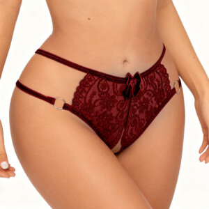 Woman wearing lace burgundy lingerie with bow accent.