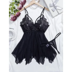 Black Flowy Babydoll & Thong Set - Strappy Lace Cups with Asymmetric Hem Lingerie for Women - XL
