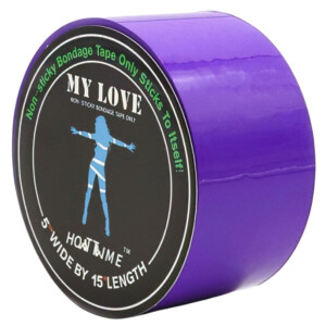 Purple non-sticky bondage tape roll with black label