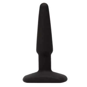 Black silicone butt plug on white background