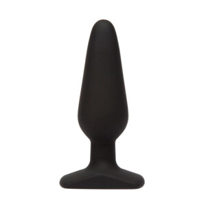 Black silicone butt plug on white background