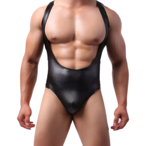 Men's Wet Look One Piece Tank Thong Swimsuit - Black - Large