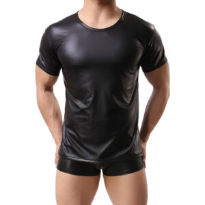 VIP Men's Faux Leather Wet Look Fetish T-Shirt - Black - Medium