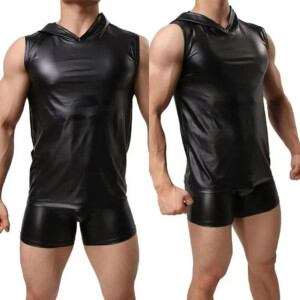 VIP Men's Faux Leather Wet Look Fetish Tank Top with Hood - Black - S/M