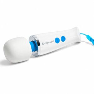 White handheld massager with blue buttons and cord