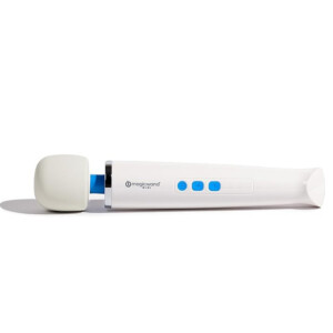 White Magic Wand Mini personal massager with blue controls