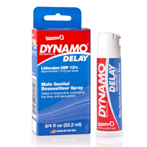 Dynamo Delay genital desensitizer spray box and bottle.