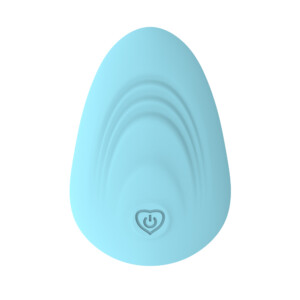 Blue silicone personal massager with heart button design.