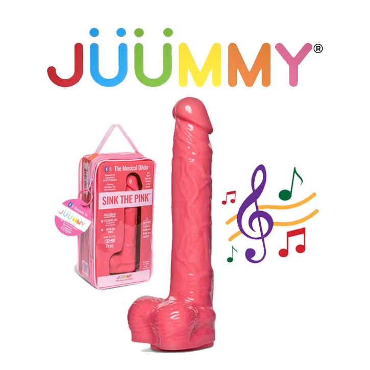 Pink musical dildo with colorful logo and notes.