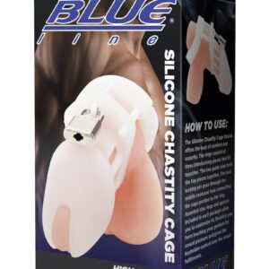 Silicone chastity cage in box packaging.