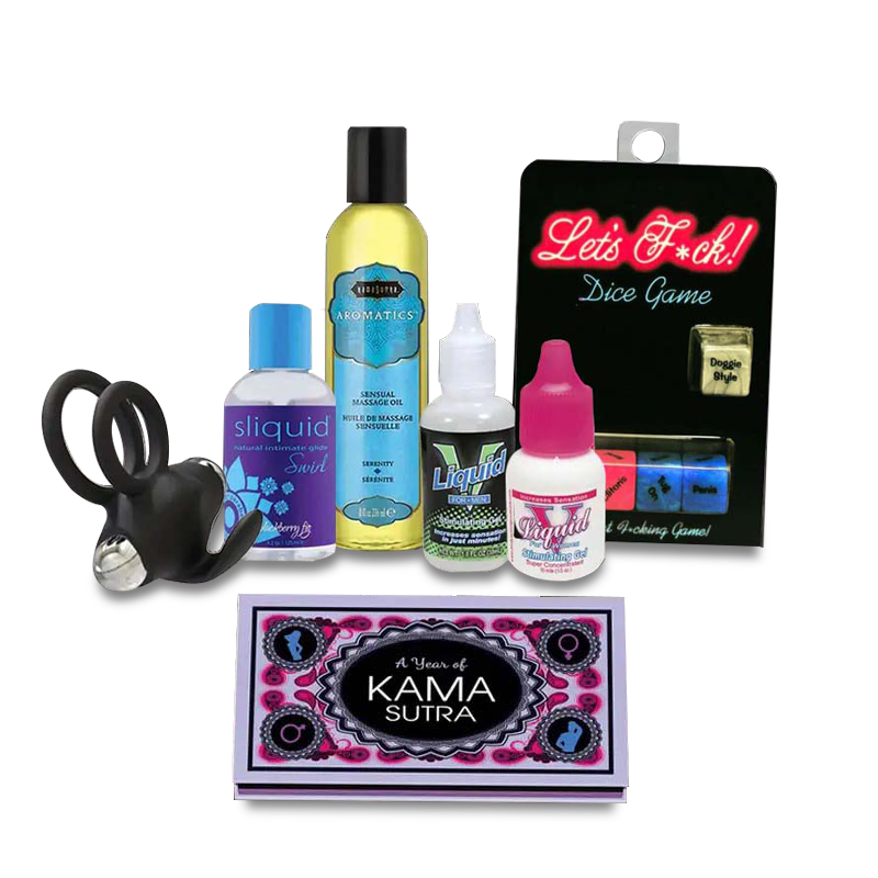 Romantic gift set with oils, games, and accessories.