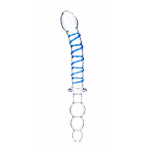 Clear glass dildo with blue spiral design