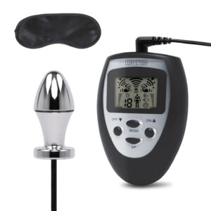 Electro plug kit with remote control and blindfold.