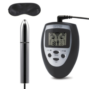 Electronic stimulation device with remote and blindfold.