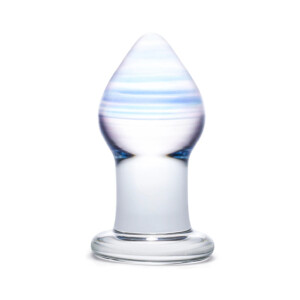 Glass plug with blue and white swirl design.