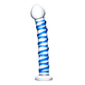 Glass dildo with blue spiral pattern