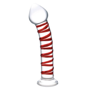 Glass toy with red spiral design