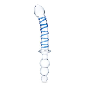 Clear glass spiral dildo with blue accents.