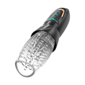 Black handheld electric masturbation device with transparent sleeve.