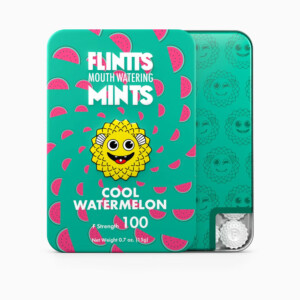 Cool watermelon mints tin with vibrant design.