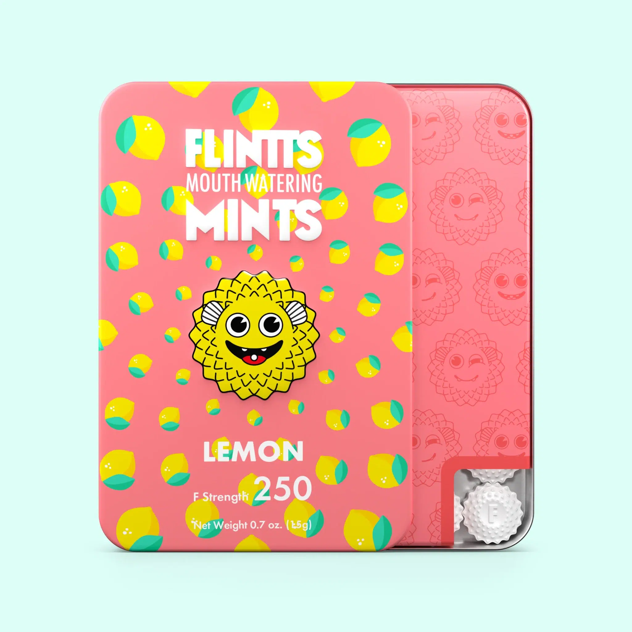 Flints lemon mints tin with colorful design.