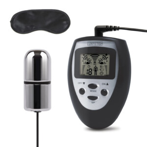 Electro-sex wand and blindfold set with control unit.