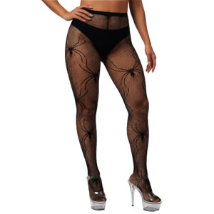Black spider-pattern fishnet tights with high heels