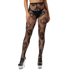 Black fishnet leggings with skull design, high heels.