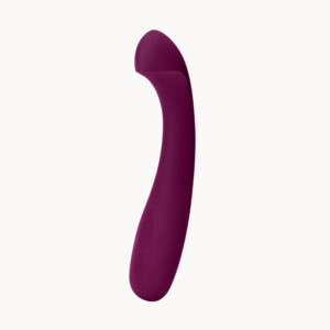 Purple ergonomic G-spot vibrator on white background.