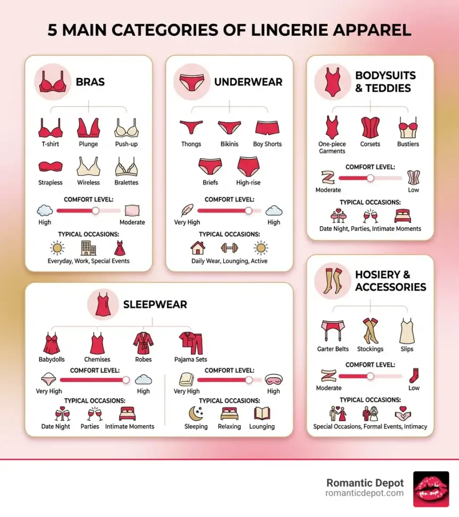 Infographic showing the five main categories of lingerie apparel: Bras (including T-shirt, plunge, push-up, strapless, wireless, and bralettes), Underwear (thongs, bikinis, boy shorts, briefs, high-rise), Bodysuits and Teddies (one-piece garments, corsets, bustiers), Sleepwear (babydolls, chemises, robes, pajama sets), and Hosiery and Accessories (garter belts, stockings, slips). Each category includes small icons and brief descriptions of comfort level and typical occasions for wear. - lingerie apparel infographic 