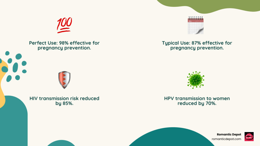 Infographic showing condom effectiveness rates: Perfect Use - 98% effective for pregnancy prevention (2 out of 100 people become pregnant per year), Typical Use - 87% effective (13 out of 100 people become pregnant per year). STI Protection: HIV transmission reduced by 85%, HPV transmission to women reduced by 70%. Condom failure rates: Breakage 0.4-2.3%, Slippage 0.6-1.3%. Global usage: 21% of contraceptive users worldwide choose condoms as their primary method. - condoms infographic 4_facts_emoji_nature